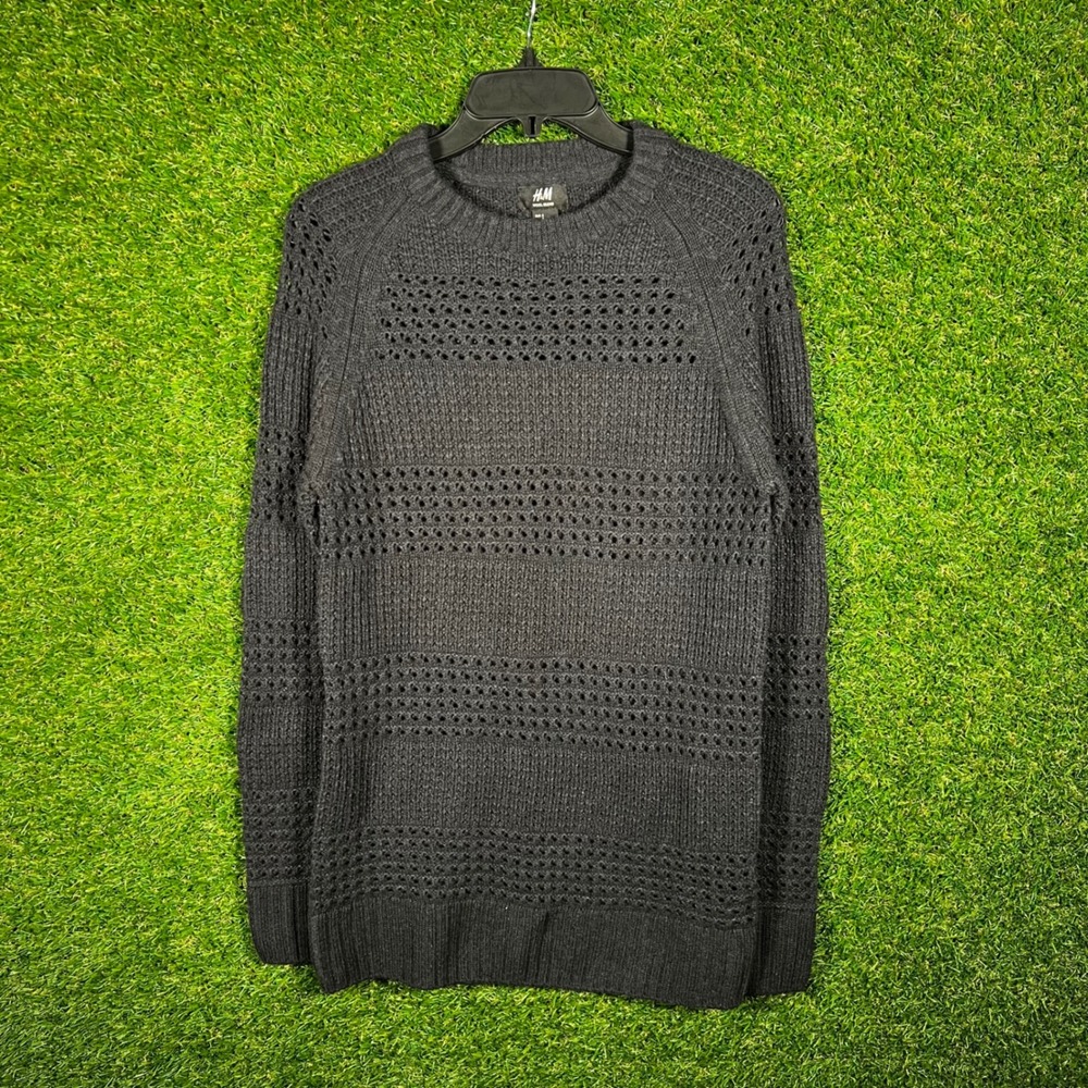 HM Mens Wool Blend Open Knit Pointelle Striped‎ Sweater Charcoal Grey Small